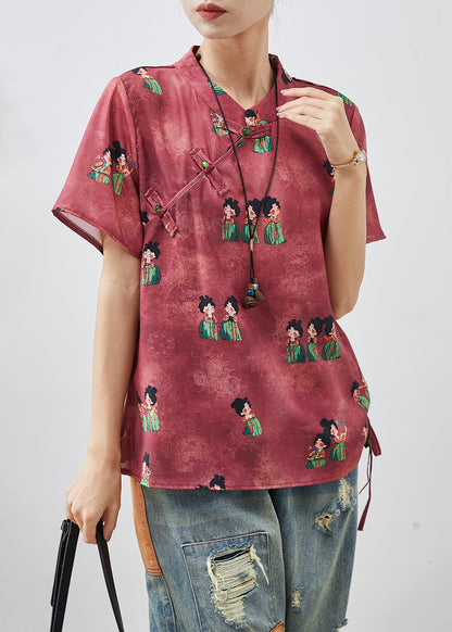 Dull Red Print Chinese Button Silk Shirt Summer