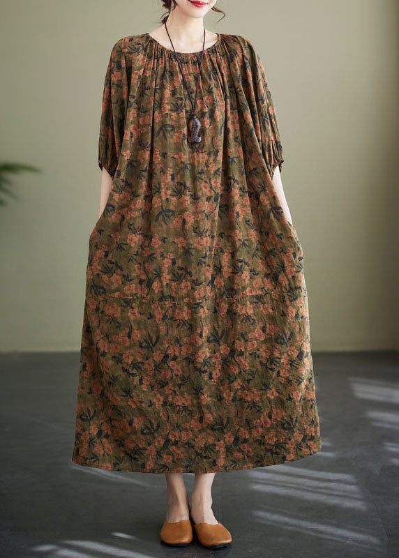 O Neck Wrinkled Patchwork Cotton Long Dresses Lantern Sleeve