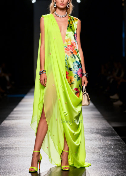 Fluorescent Green Asymmetrical Print Chiffon Holiday Dress Summer