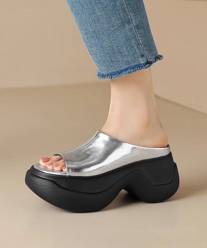 Gold Platform Heels Faux Leather Slide Sandals Peep Toe
