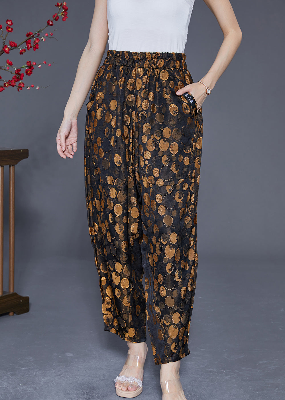 Golden Dot Elastic Waist Pockets Silk Harem Pants Summer