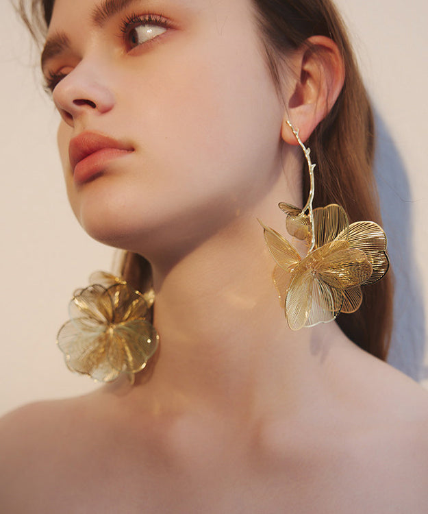 Golden Large Flower Metal Drop Earrings