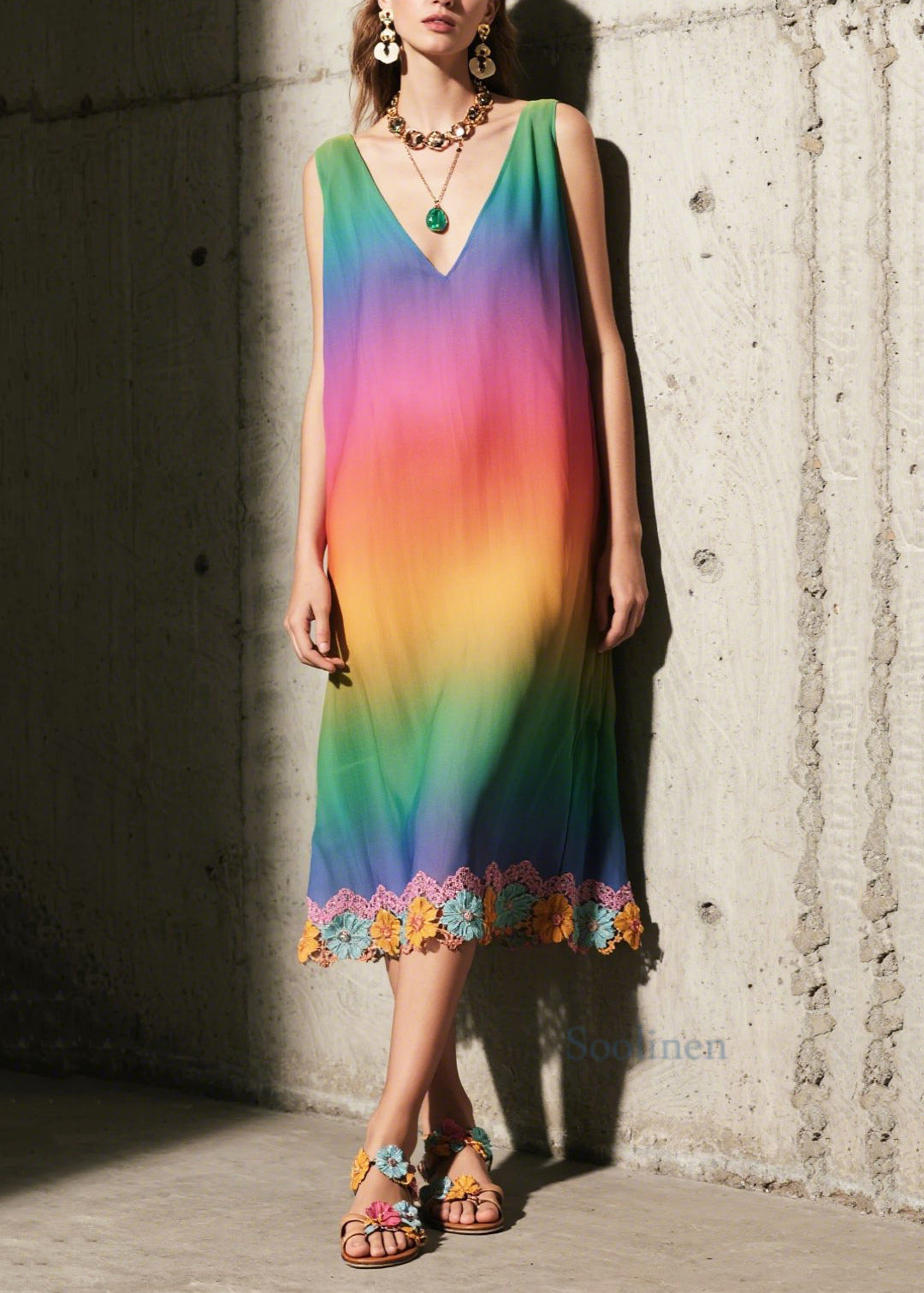 Gradient Color Patchwork Lace Sundress Summer