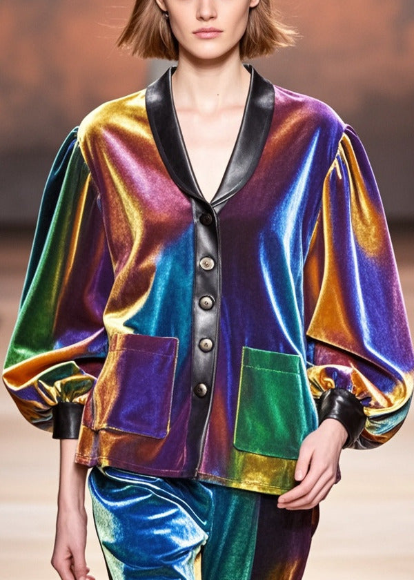 Gradient Color Peter Pan Collar Patchwork Silk Velvet Jackets Spring