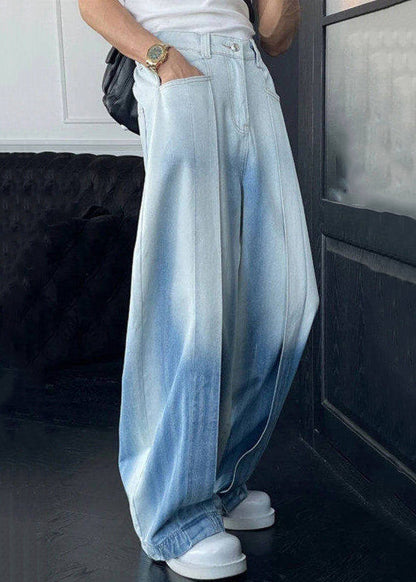 Gradient Color Pockets High Waist Denim Wide Leg Pants Summer