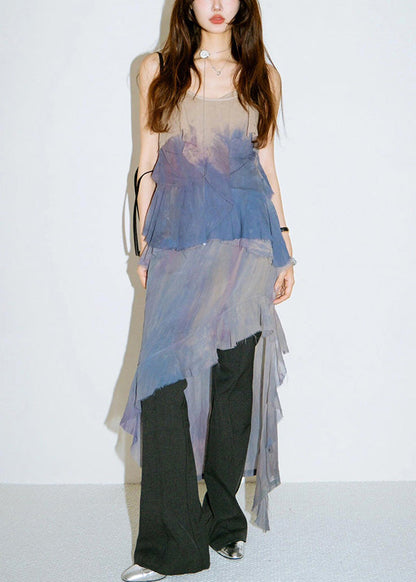 Gradient Color Ruffled Low High Design Cotton Dress Sleeveless