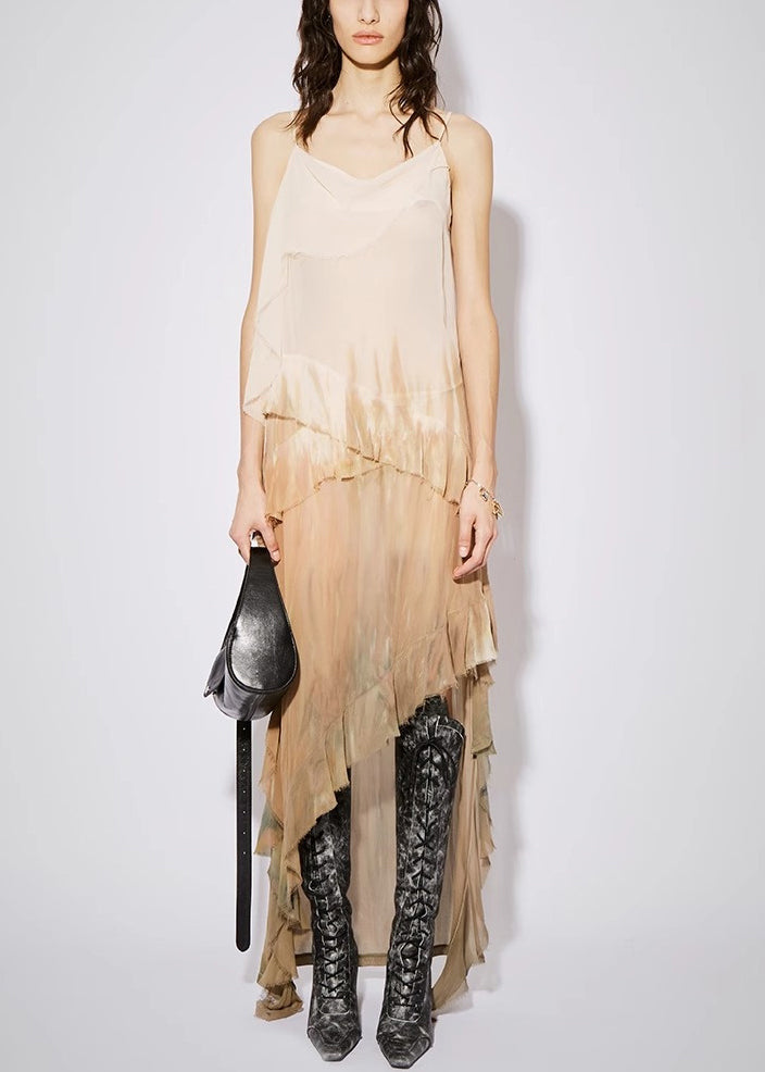 Gradient Color Ruffled Low High Design Cotton Dress Sleeveless