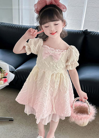 Gradient Pink Ruffled Patchwork Cotton Kids Dresses Summer
