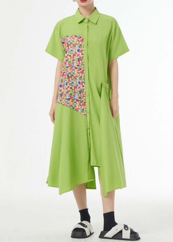 Grass Green Asymmetrical Button Patchwork Silk Cotton Shirts Dress Summer