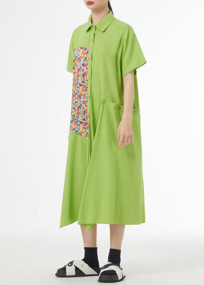Grass Green Asymmetrical Button Patchwork Silk Cotton Shirts Dress Summer
