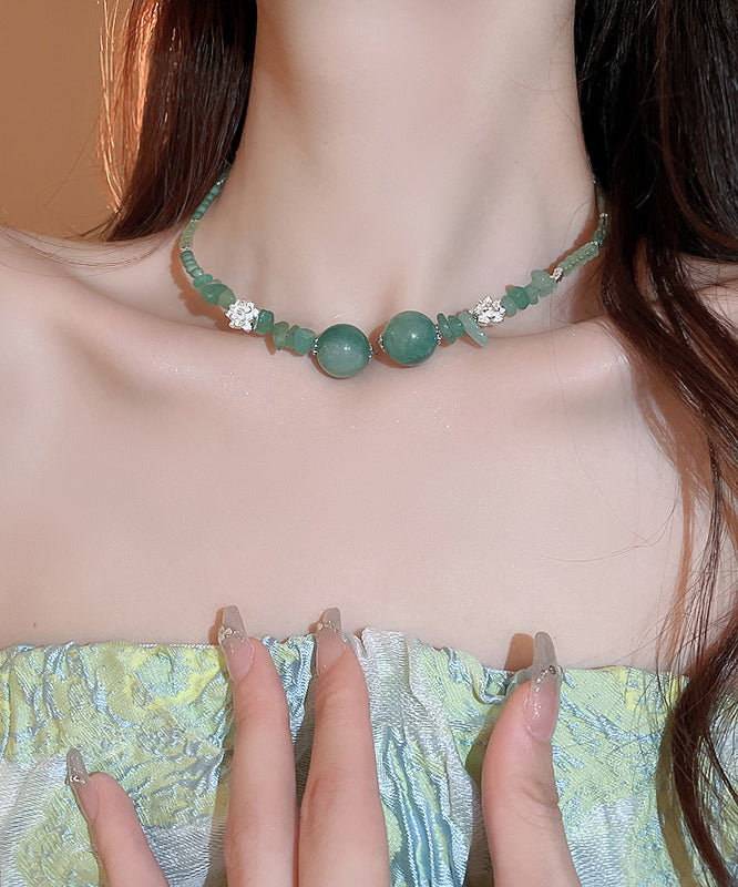 Retro Green Sterling Silver Overgild Jade Zircon Crystal Beading Gratuated Bead Necklace Ab1092