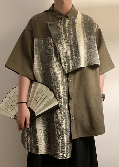 Green Asymmetrical Patchwork Cotton Shirts Summer