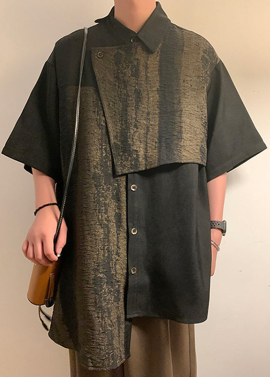 Green Asymmetrical Patchwork Cotton Shirts Summer