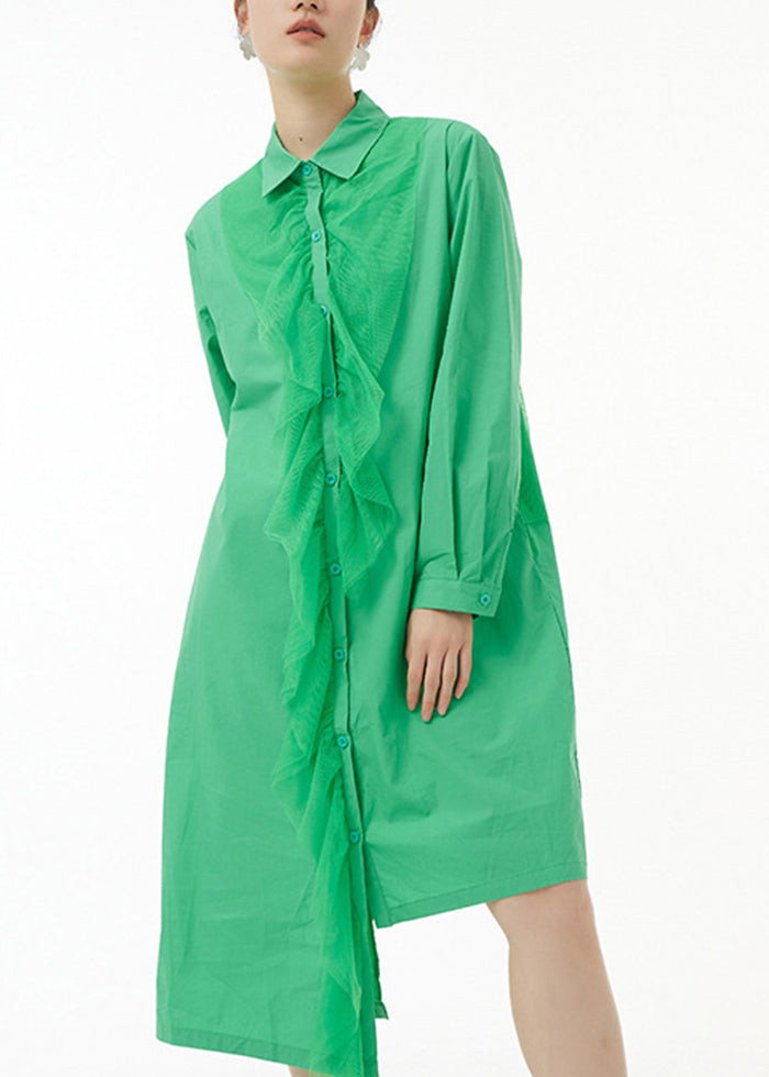 Green Asymmetrical Tulle Patchwork Ruffles Cotton Shirt Dress Spring
