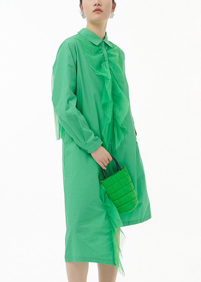 Green Asymmetrical Tulle Patchwork Ruffles Cotton Shirt Dress Spring