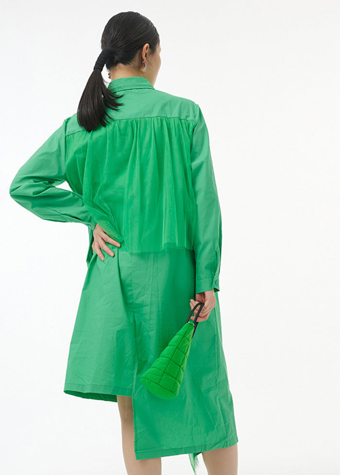 Green Asymmetrical Tulle Patchwork Ruffles Cotton Shirt Dress Spring