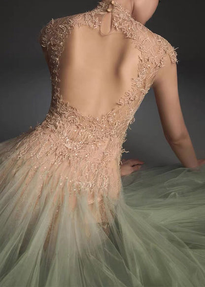 Green Backless Lace Patchwork Tulle Party Dress Summer