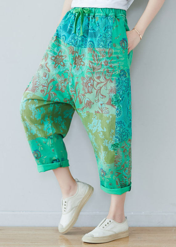 Green Elastic Waist Oversized Print Cotton Harem Pants Spring