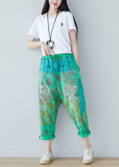 Green Elastic Waist Oversized Print Cotton Harem Pants Spring