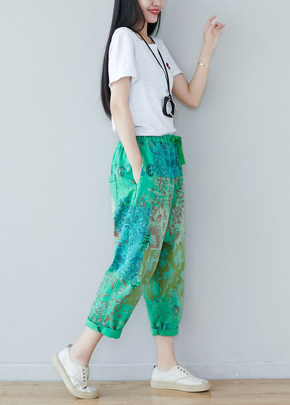 Green Elastic Waist Oversized Print Cotton Harem Pants Spring