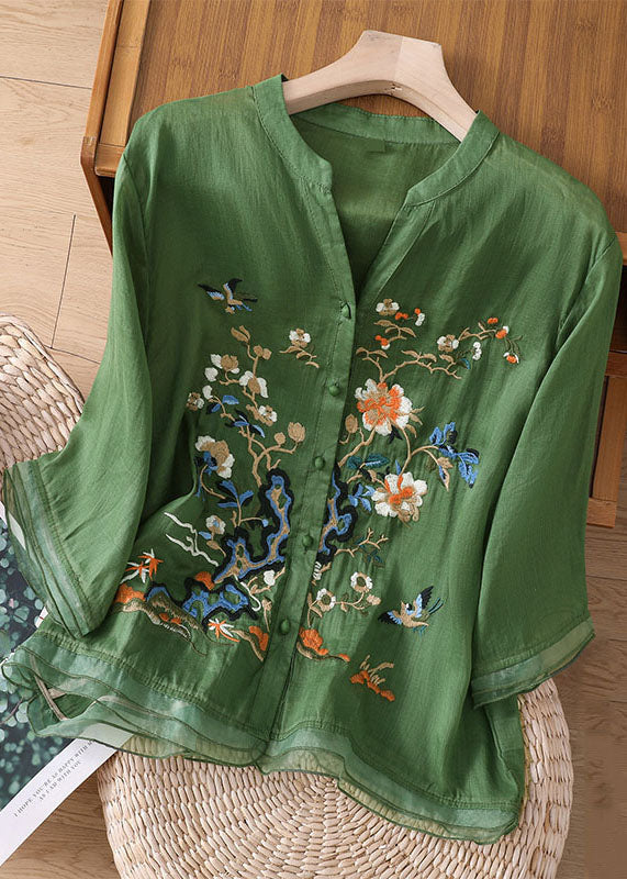 Blue Flower Embroidered Button Patchwork Linen Top Bracelet Sleeve