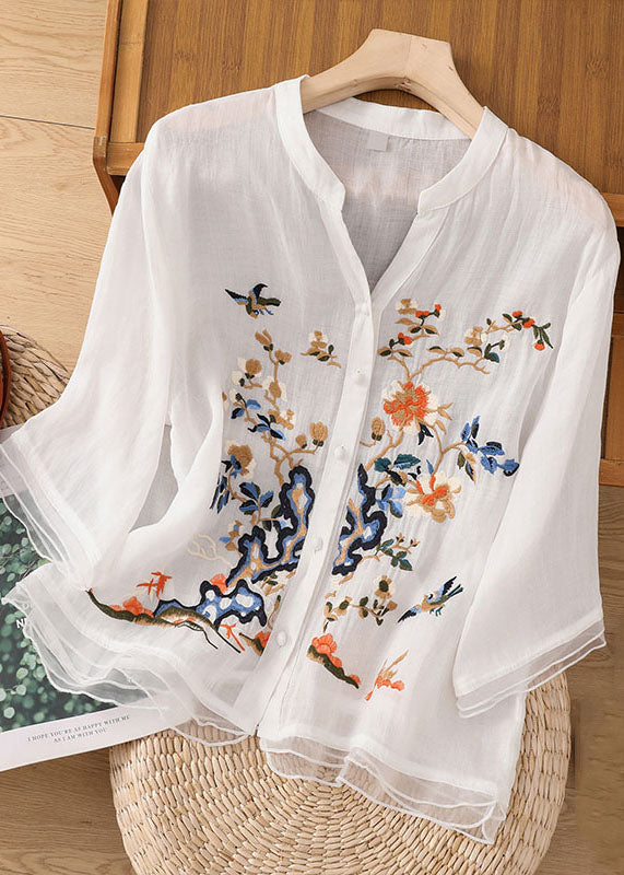 Blue Flower Embroidered Button Patchwork Linen Top Bracelet Sleeve