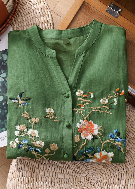 Blue Flower Embroidered Button Patchwork Linen Top Bracelet Sleeve