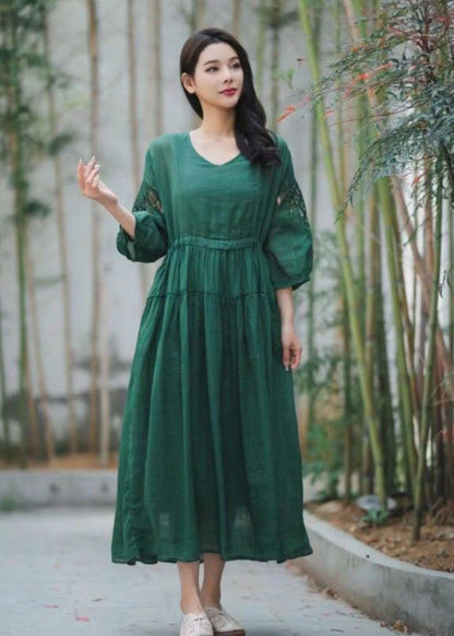 Green Embroideried Hollow Out Patchwork Linen Dresses Summer