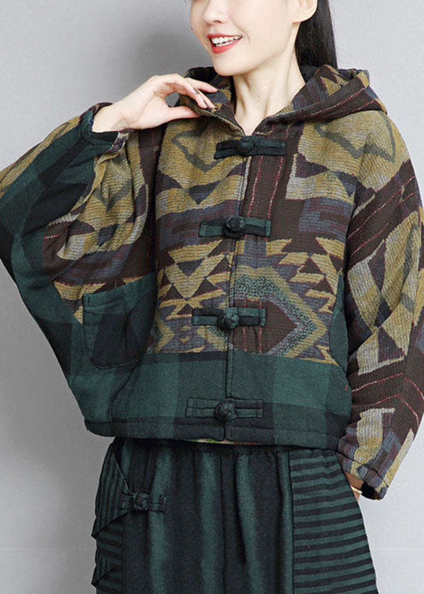 Green Hooded Patchwork Oriental Button Fine Cotton Filled Jackets Winter