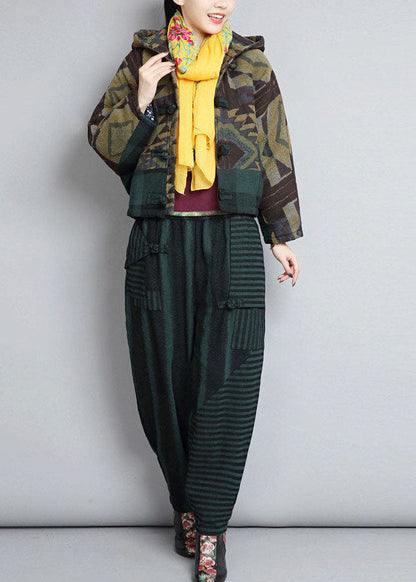 Green Hooded Patchwork Oriental Button Fine Cotton Filled Jackets Winter