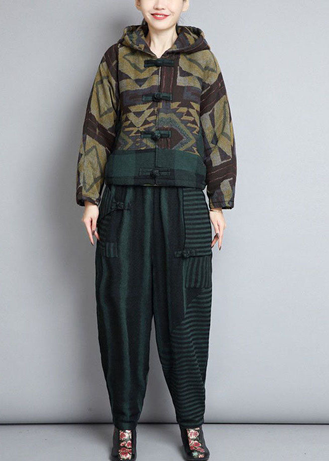 Green Hooded Patchwork Oriental Button Fine Cotton Filled Jackets Winter