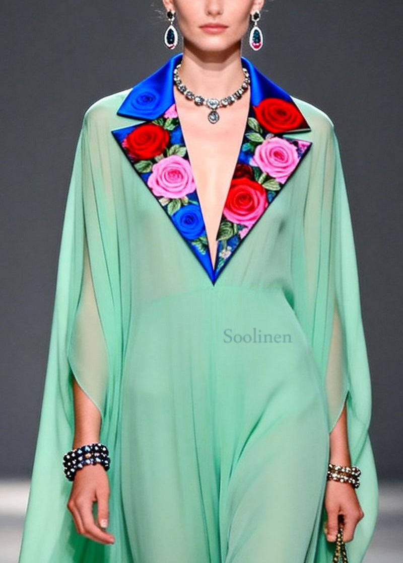 Green Notched Patchwork Exra Large Hem Chiffon Dress Summer