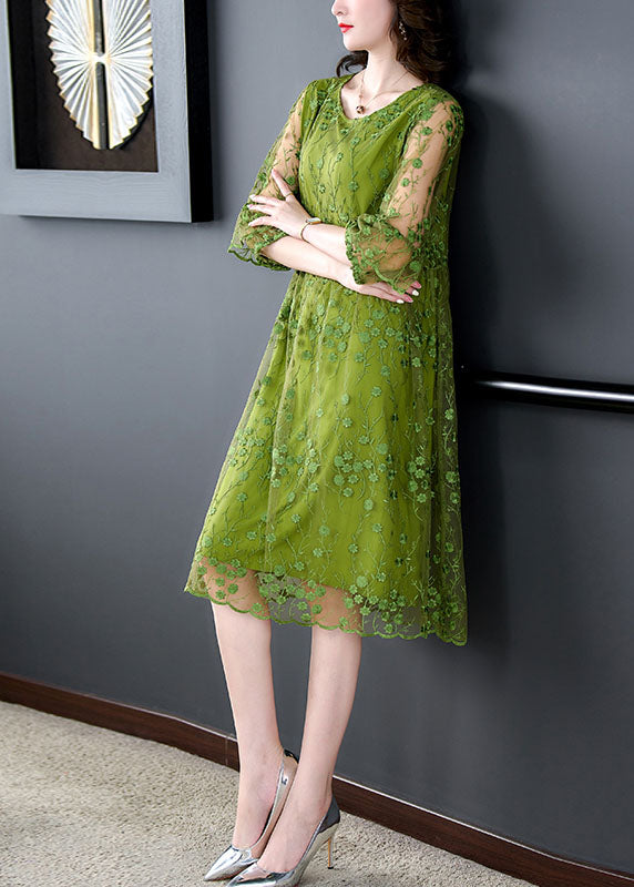 Green O Neck Embroideried Patchwork Tulle Mid Dress Summer