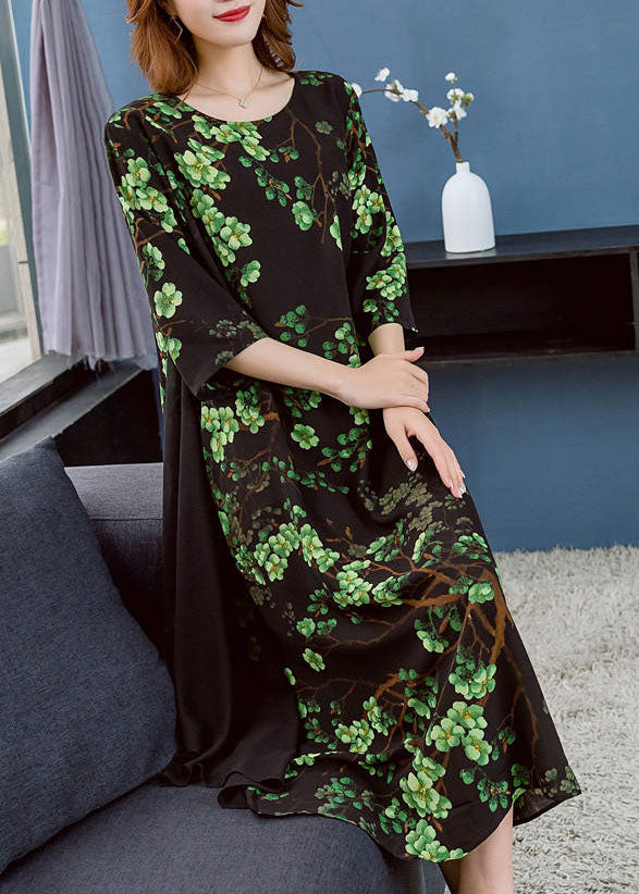 Green O Neck Print Patchwork Chiffon Dresses Summer