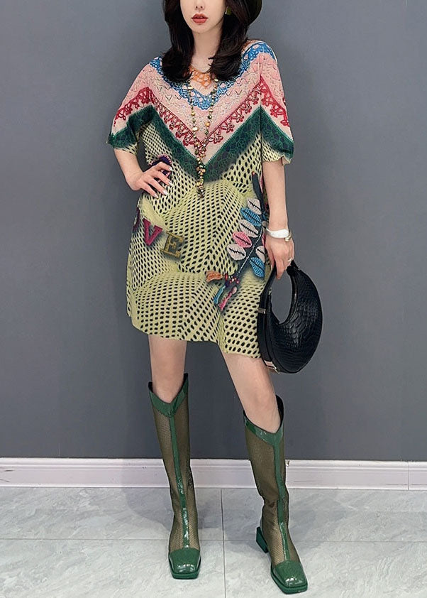 Green O Neck Print Patchwork Cotton Mid Dresses Summer