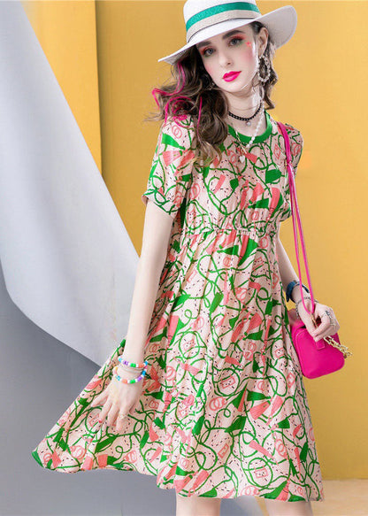 Green O Neck Print Patchwork Silk a Line Dresses Summer
