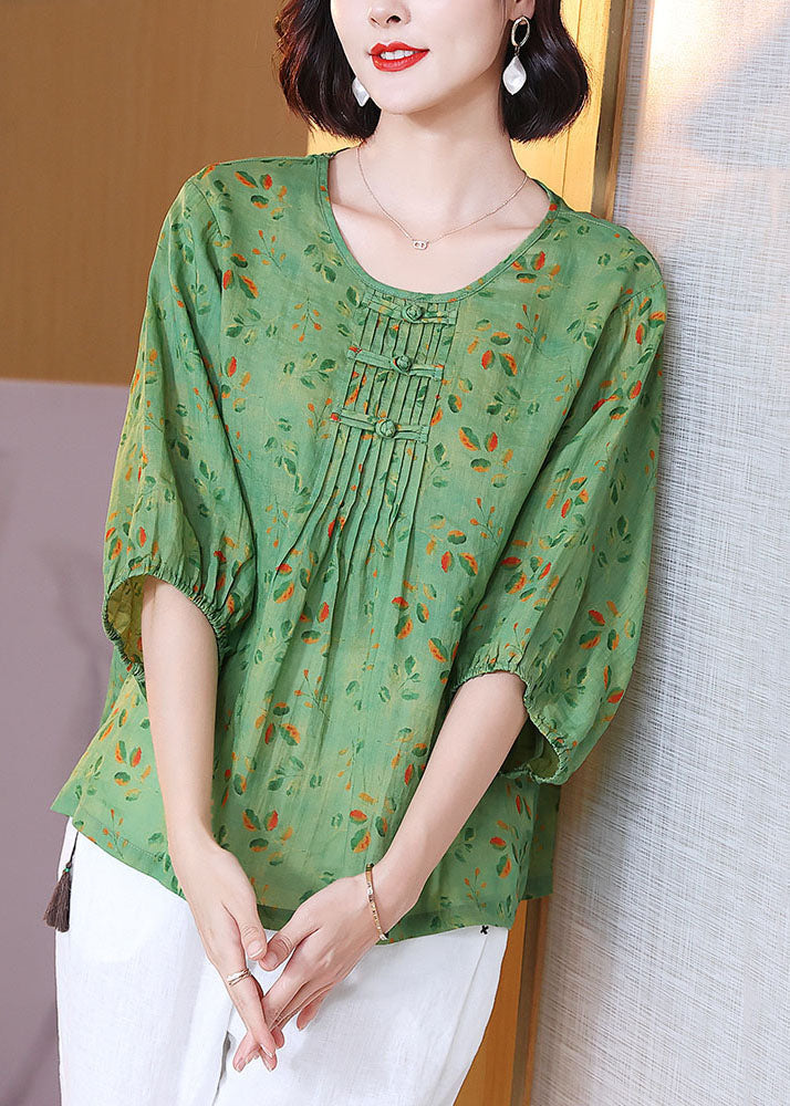 Green O Neck Print Wrinkled Patchwork Linen T Shirt Tops Summer