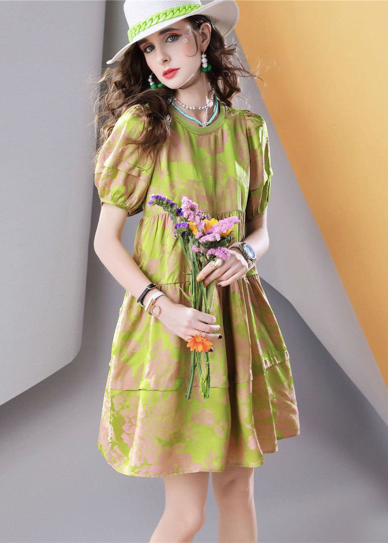 Green O Neck Wrinkled Patchwork Print Silk Dress Summer