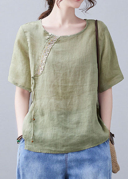 Green O-neck Embroidery Shirt Short Sleeve