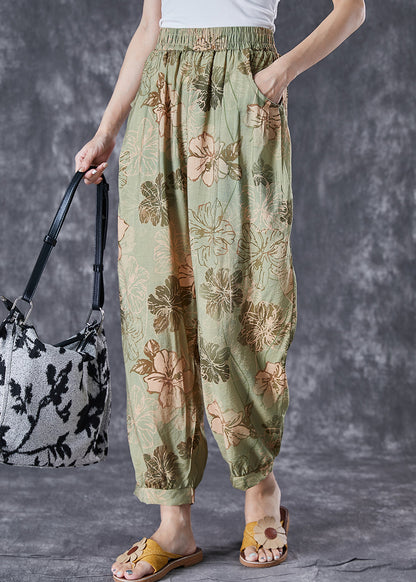 Green Oversized Pockets Print Cotton Harem Pants Summer