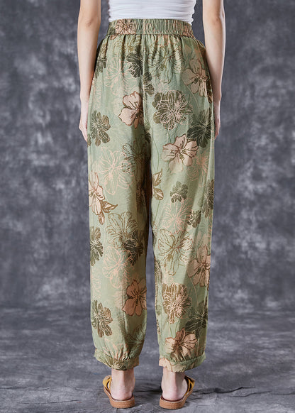 Green Oversized Pockets Print Cotton Harem Pants Summer