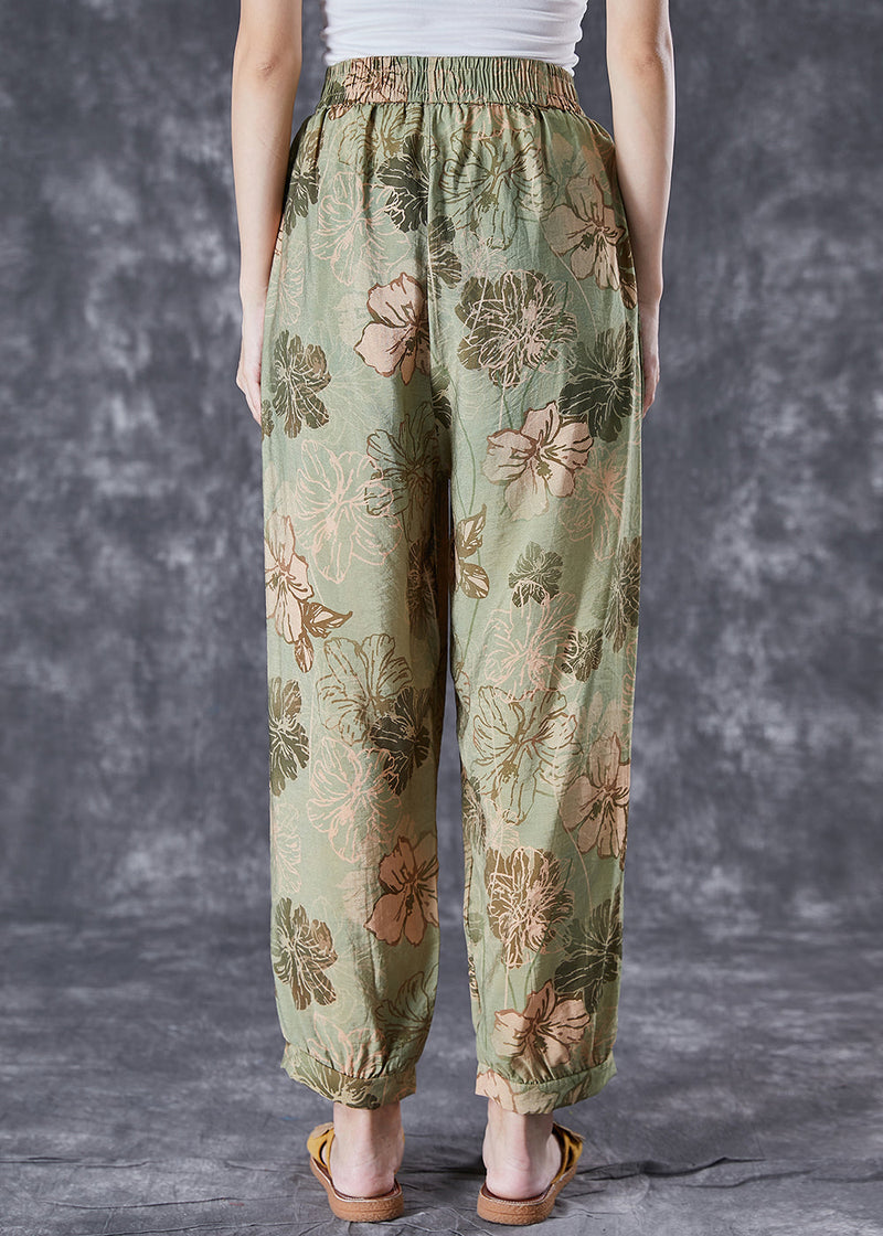 Green Oversized Pockets Print Cotton Harem Pants Summer