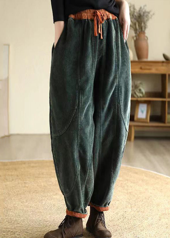 Green Oversized Pockets Warm Fleece Corduroy Harem Pants Winter