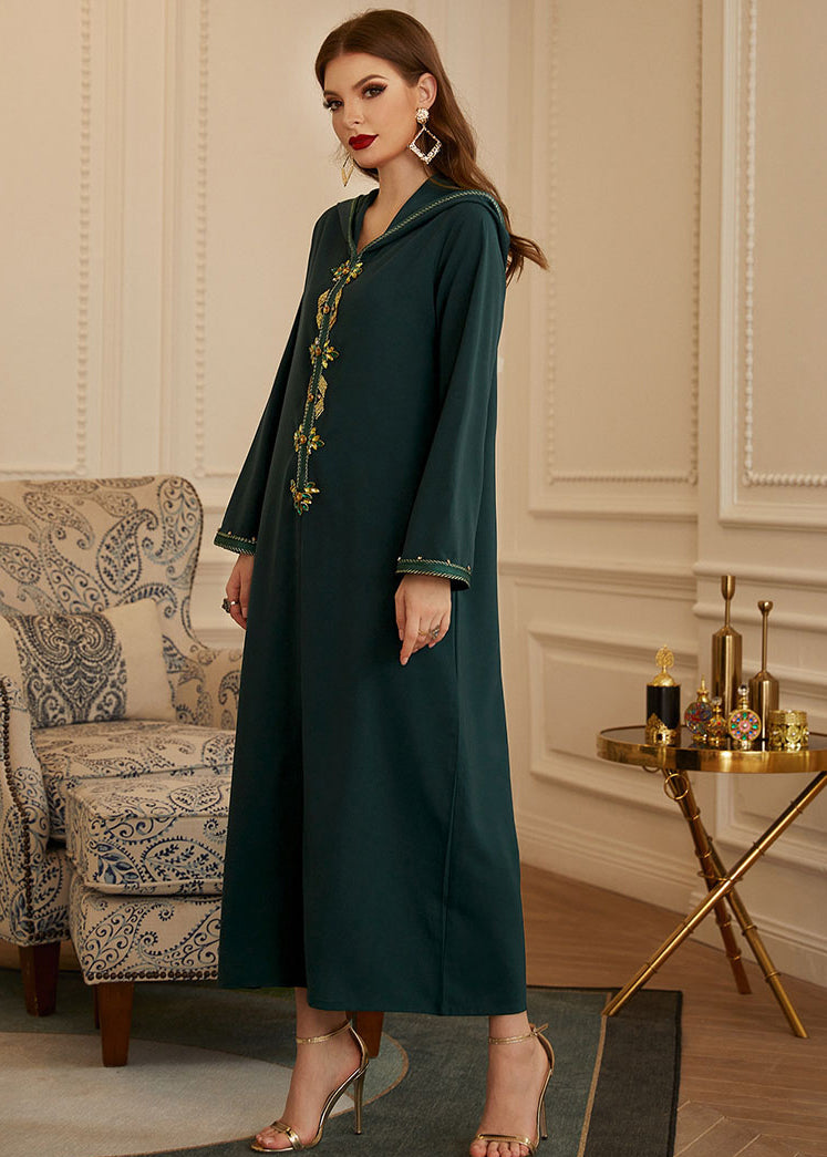 Green Patchwork Zircon Hooded Silk Long Dresses Long Sleeve