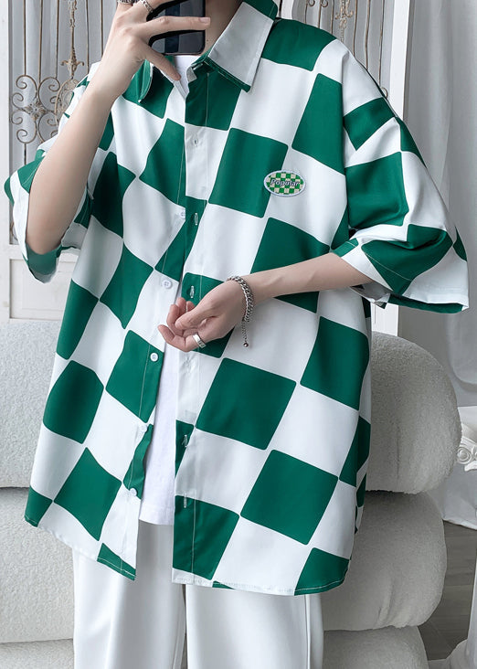 Green Peter Pan Collar Plaid Ice Silk Shirts Half Sleeve