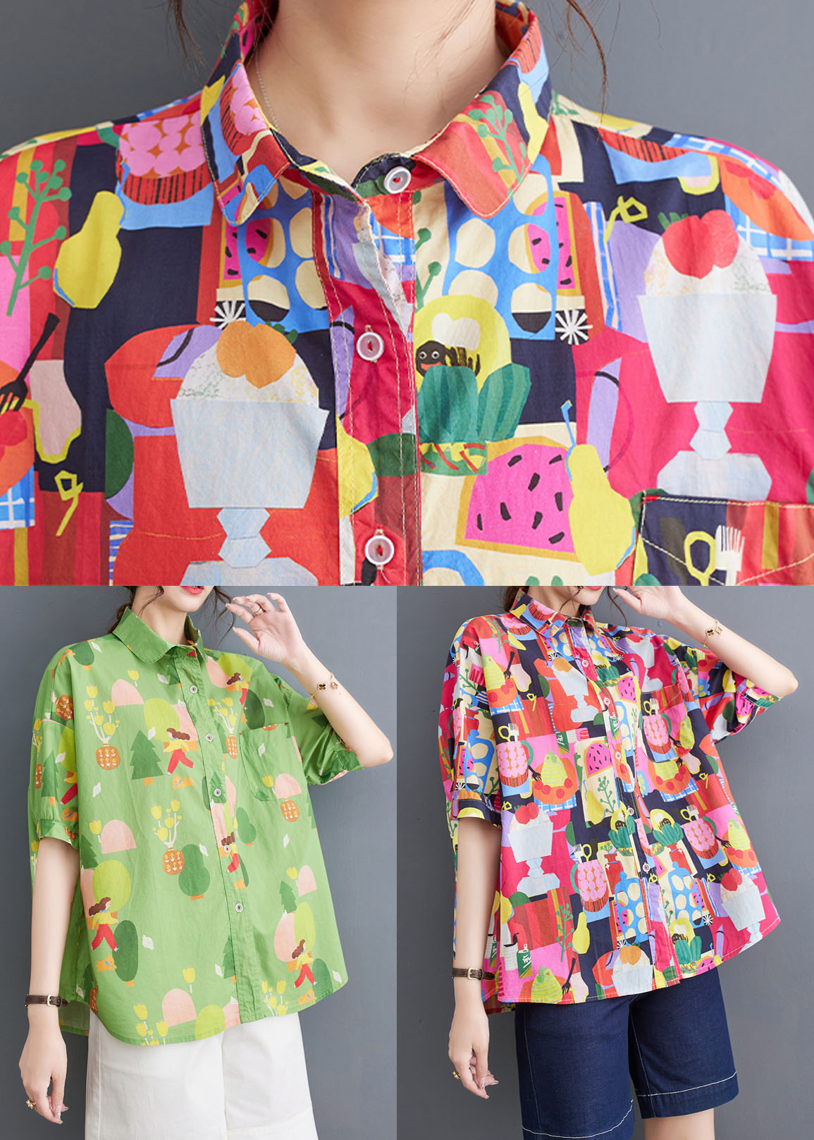 Green Peter Pan Collar Print Patchwork Cotton Shirt Tops Summer