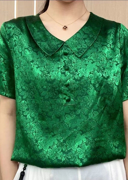 Green Peter Pan Collar Print Patchwork Silk T Shirt Summer