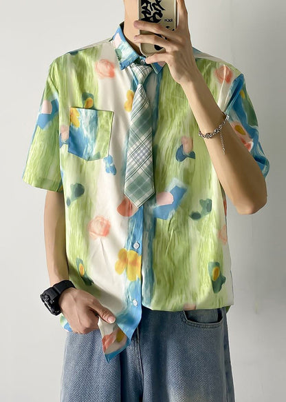 Green Peter Pan Collar Print Pockets Cotton Shirts Summer