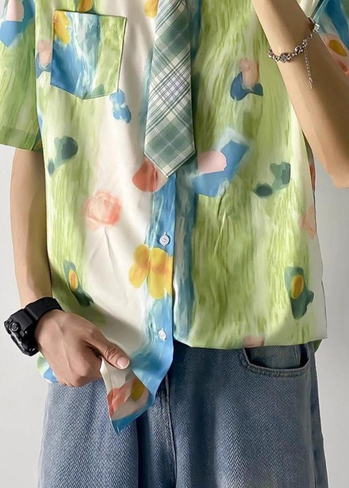 Green Peter Pan Collar Print Pockets Cotton Shirts Summer