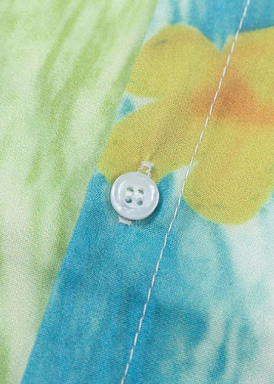 Green Peter Pan Collar Print Pockets Cotton Shirts Summer
